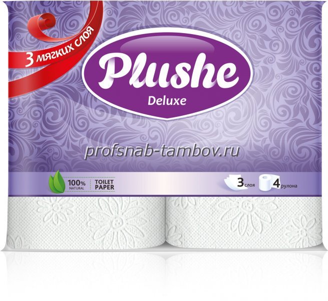 Туалетная бумага  (4 рулона)  Плюше Делюкс 3-х сл., белая - купить в Тамбове